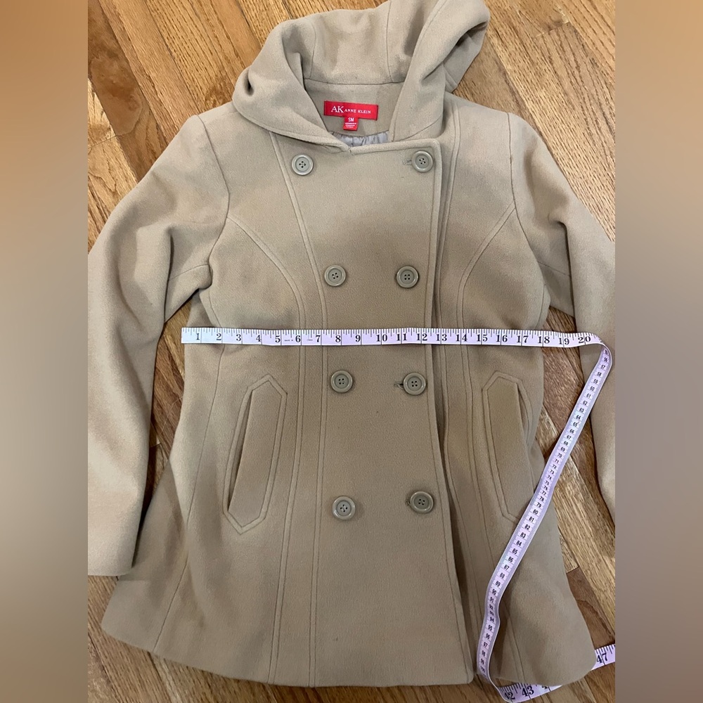 Anne Klein Wool Blend Double-Breasted Hooded Coat | Size Small | Camel Tan - Picture 6 of 9